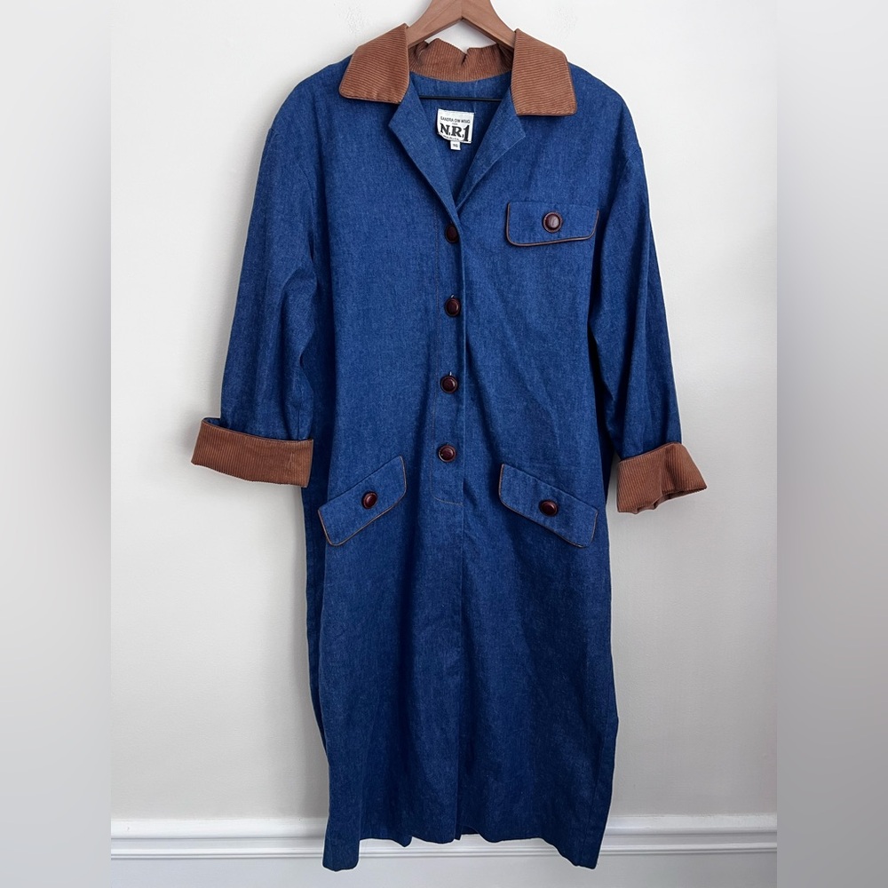 Sandra Ow-Wing blue chambray denim midi dress long sleeve 90s Corduroy Collar 16